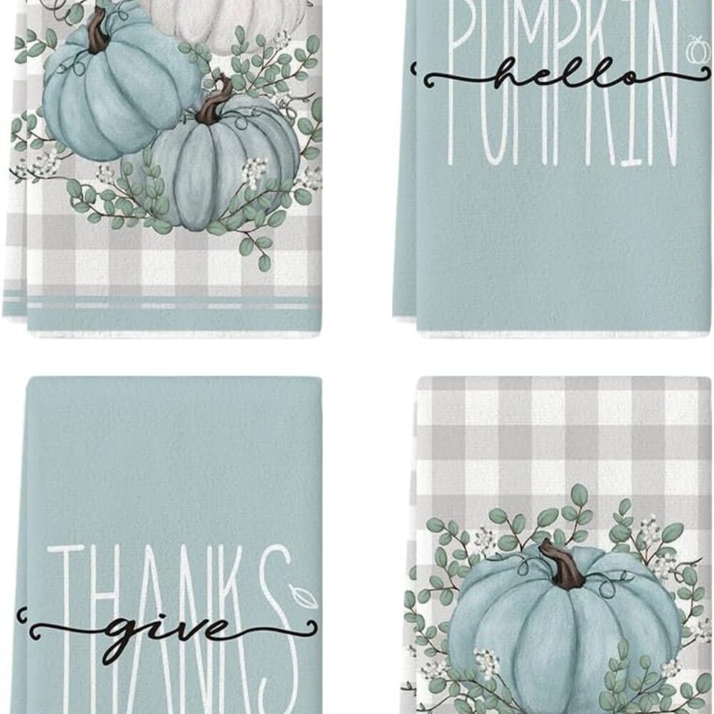 Blue Eucalyptus Leaves Hello Pumpkin Fall Kitchen Towels Dish Towels, 18x26 Inch